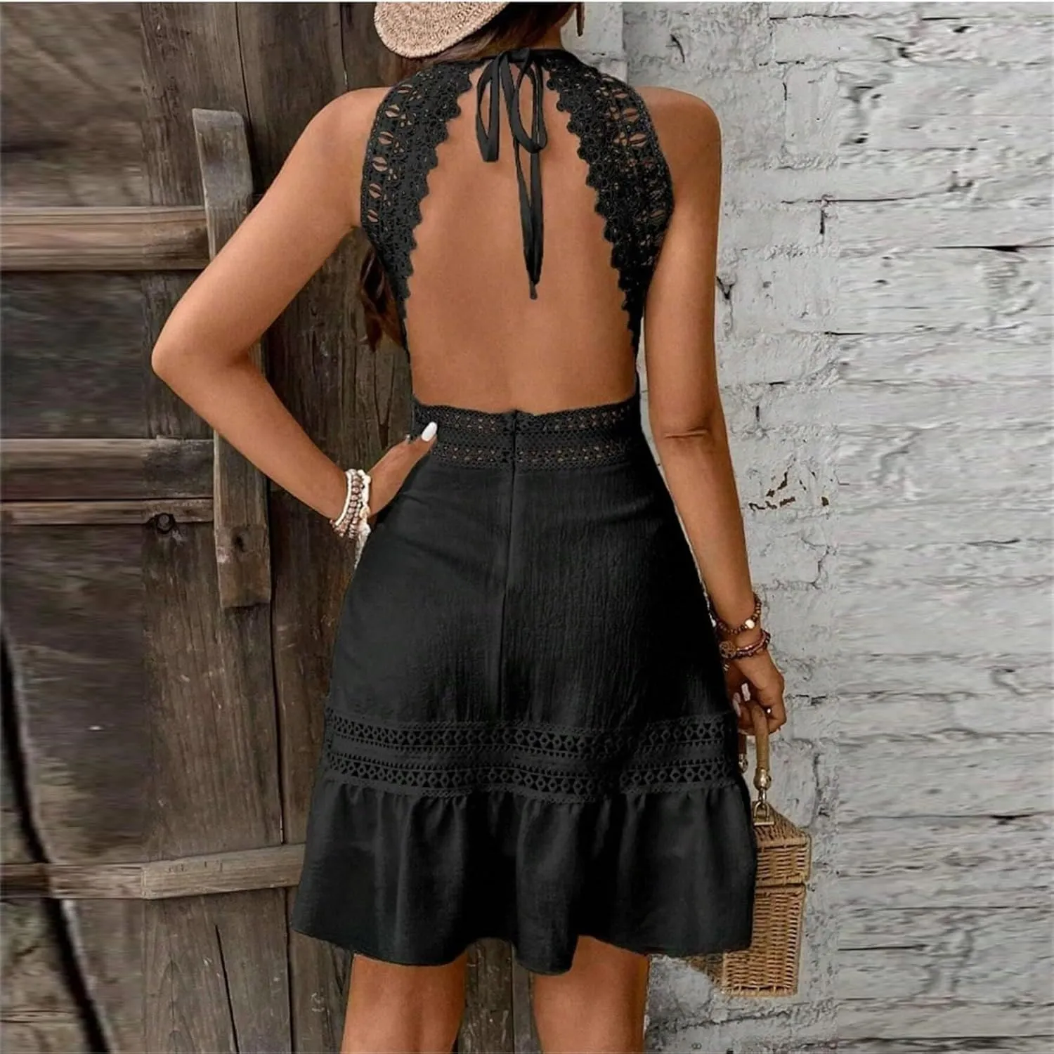 Women's Spring Wedding Guest Dresses Backless Lace Hollowed Out High Waist A Line Ruffle Dress Casual, S-XL