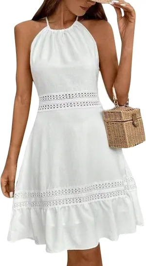 Women's Spring Wedding Guest Dresses Backless Lace Hollowed Out High Waist A Line Ruffle Dress Casual, S-XL