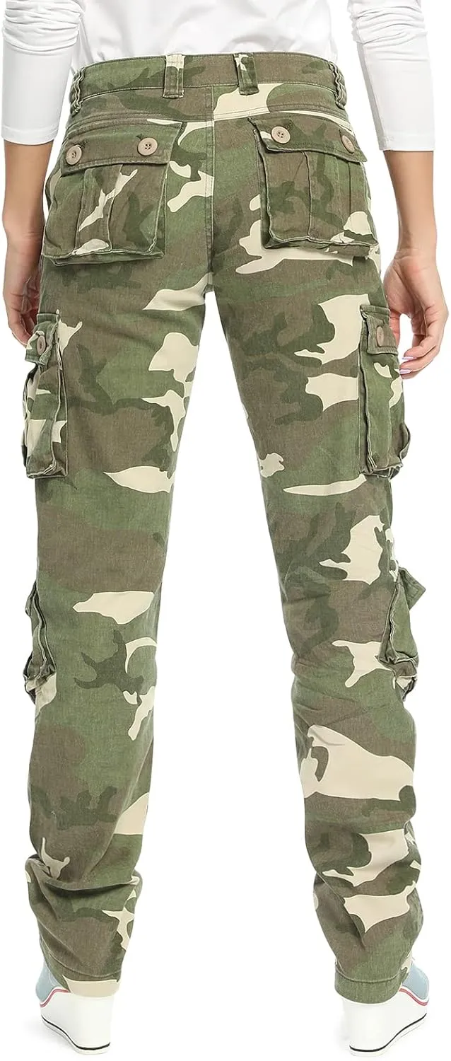 Womens Stretch Casual Cargo Work Pants Camo Combat Tactical Travel Pants with 8 Pockets