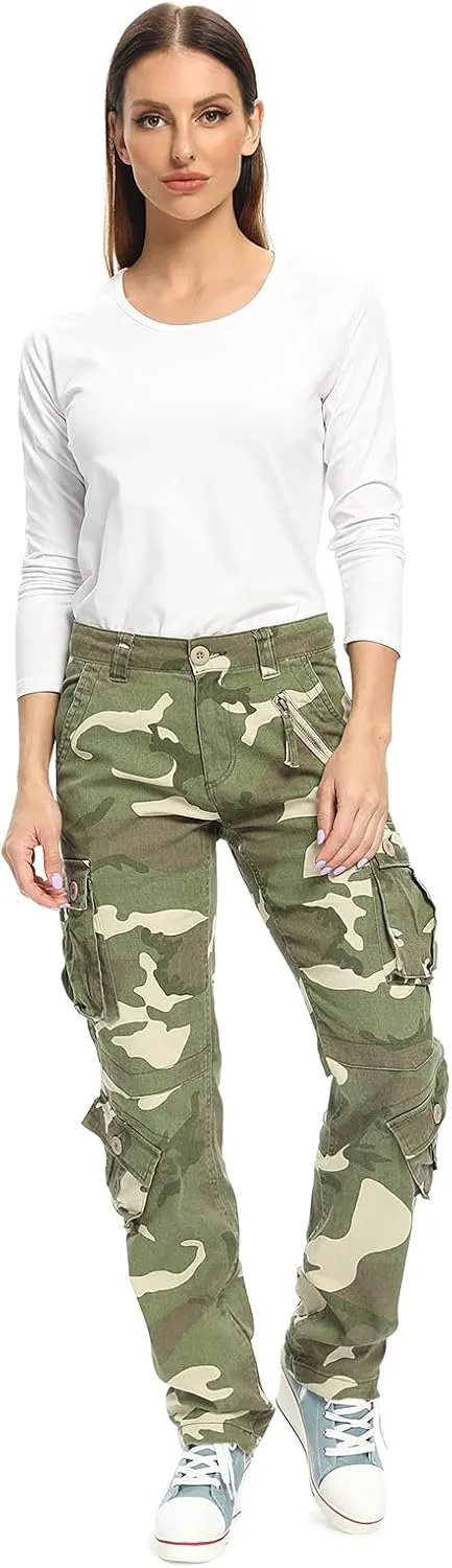 Womens Stretch Casual Cargo Work Pants Camo Combat Tactical Travel Pants with 8 Pockets