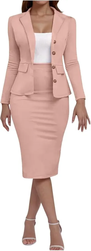 Womens Suits 2 Piece Set Business Skirt Suit Set Long Sleeve Blazer and Skirt Suit Set Casual Work Office Outfits