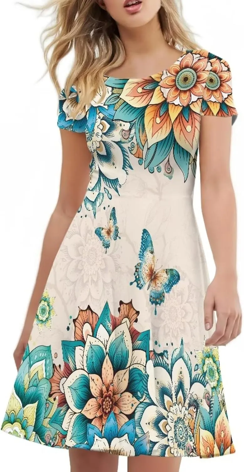 Women's Summer Beach Dress Short Sleeve Crew Neck