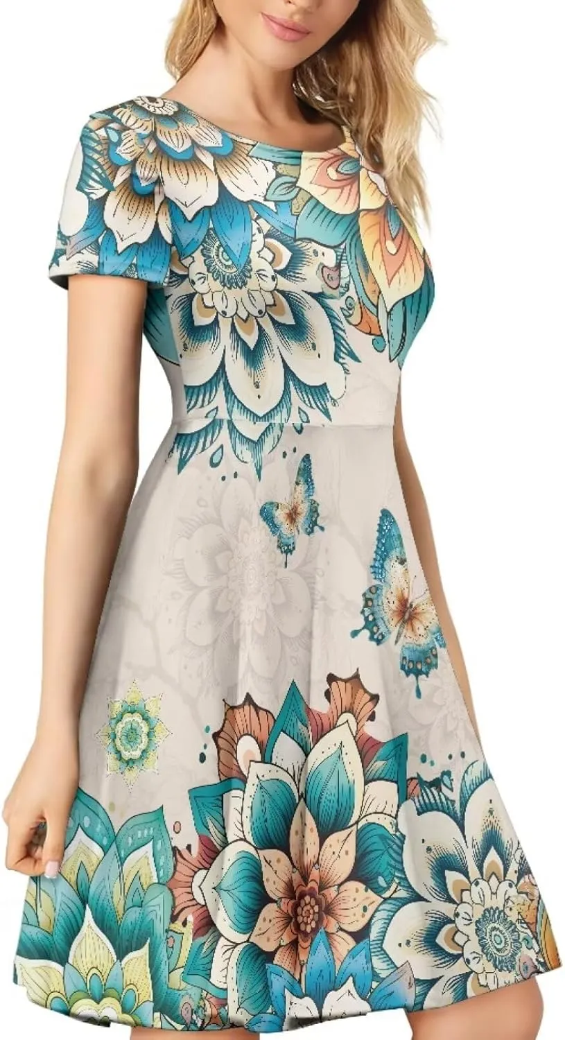 Women's Summer Beach Dress Short Sleeve Crew Neck