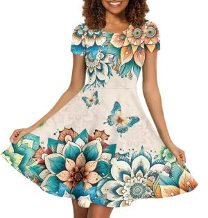 Women's Summer Beach Dress Short Sleeve Crew Neck