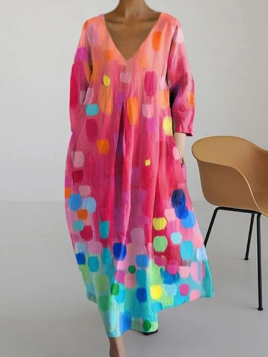 Women's Summer Boho Colorful Floral 3/4 Sleeve Maxi Dress Flowy Casual V Neck Vacation Tshirt Dress with Pockets