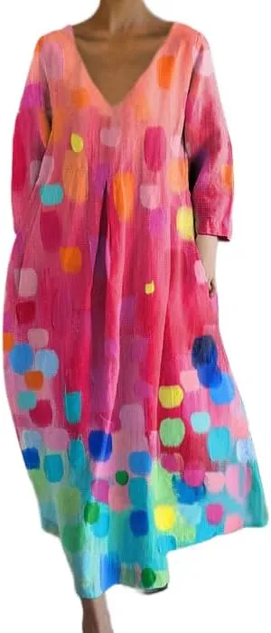 Women's Summer Boho Colorful Floral 3/4 Sleeve Maxi Dress Flowy Casual V Neck Vacation Tshirt Dress with Pockets