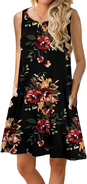 Women's Summer Boho Floral Print Beach Sundress Dress with Pockets Casual Loose Sleeveless Crewneck Midi Tank Dress