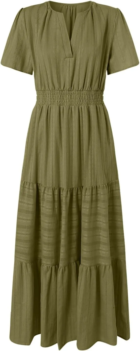 Women's Summer Casual Dress Short Sleeve Solid Color Ruffle A-line Swing Beach Long Maxi Dress