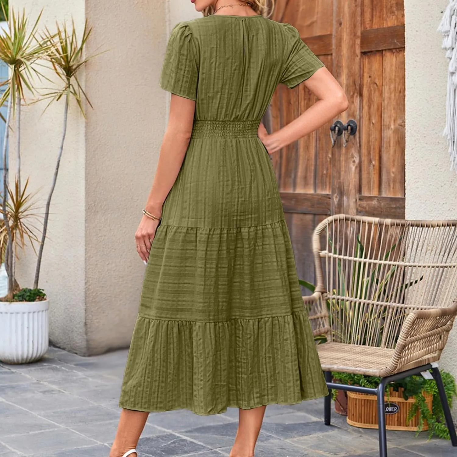 Women's Summer Casual Dress Short Sleeve Solid Color Ruffle A-line Swing Beach Long Maxi Dress