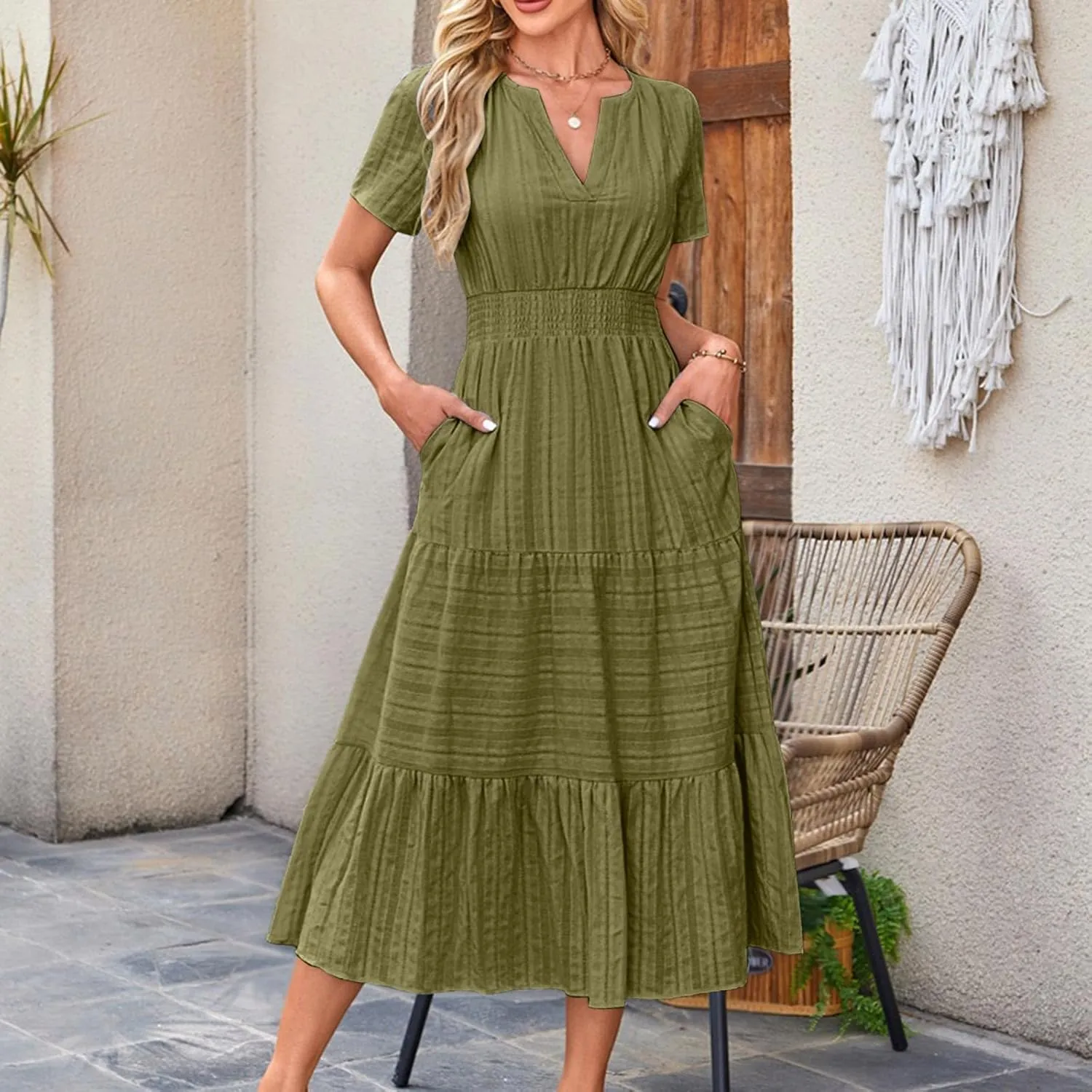 Women's Summer Casual Dress Short Sleeve Solid Color Ruffle A-line Swing Beach Long Maxi Dress