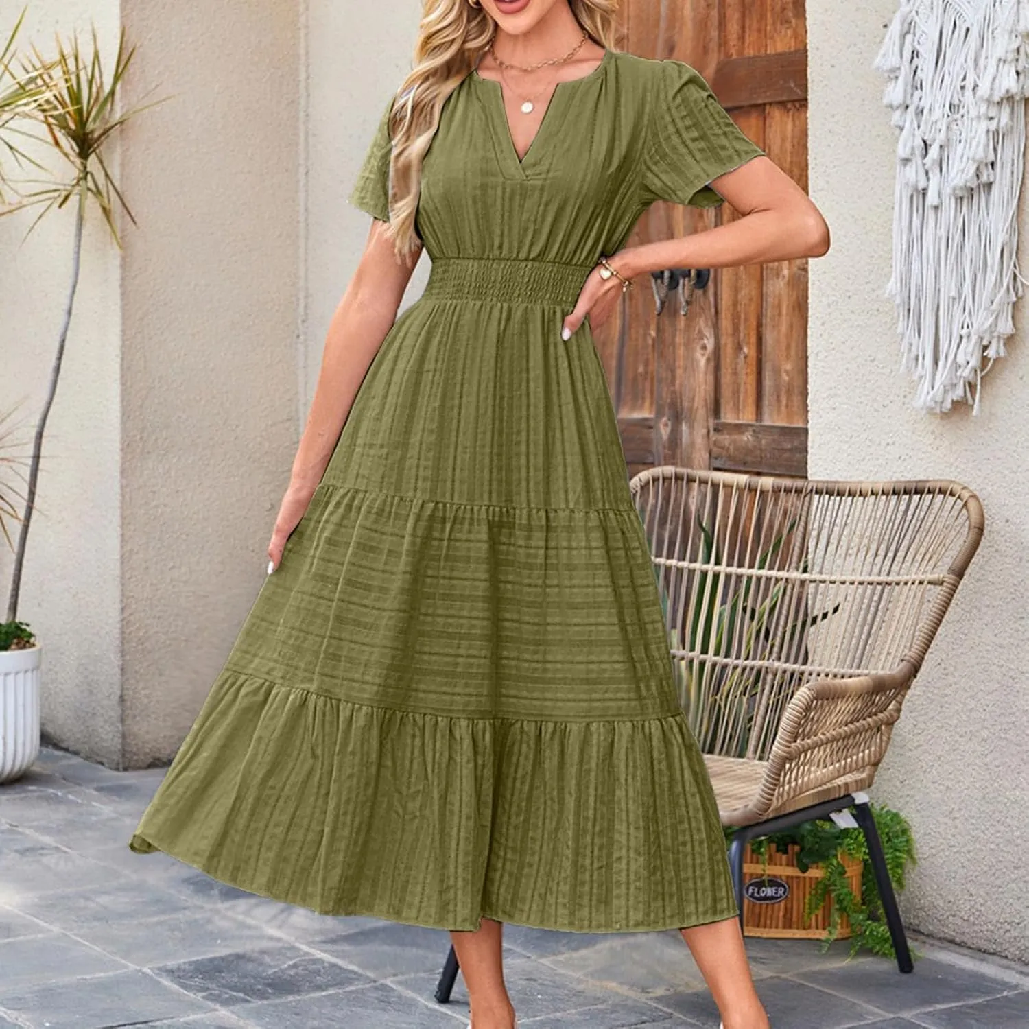Women's Summer Casual Dress Short Sleeve Solid Color Ruffle A-line Swing Beach Long Maxi Dress