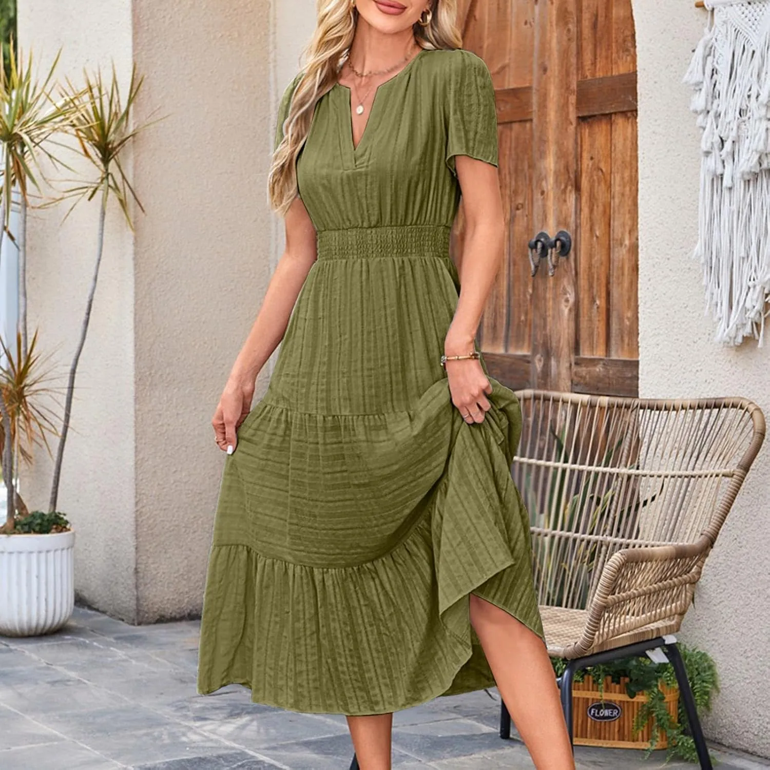 Women's Summer Casual Dress Short Sleeve Solid Color Ruffle A-line Swing Beach Long Maxi Dress