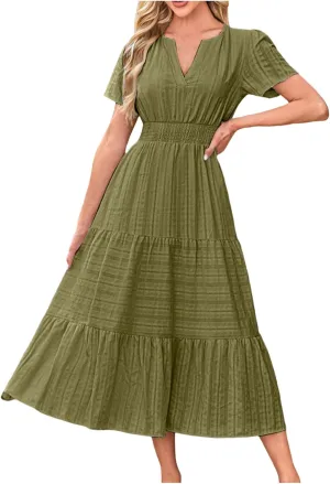Women's Summer Casual Dress Short Sleeve Solid Color Ruffle A-line Swing Beach Long Maxi Dress