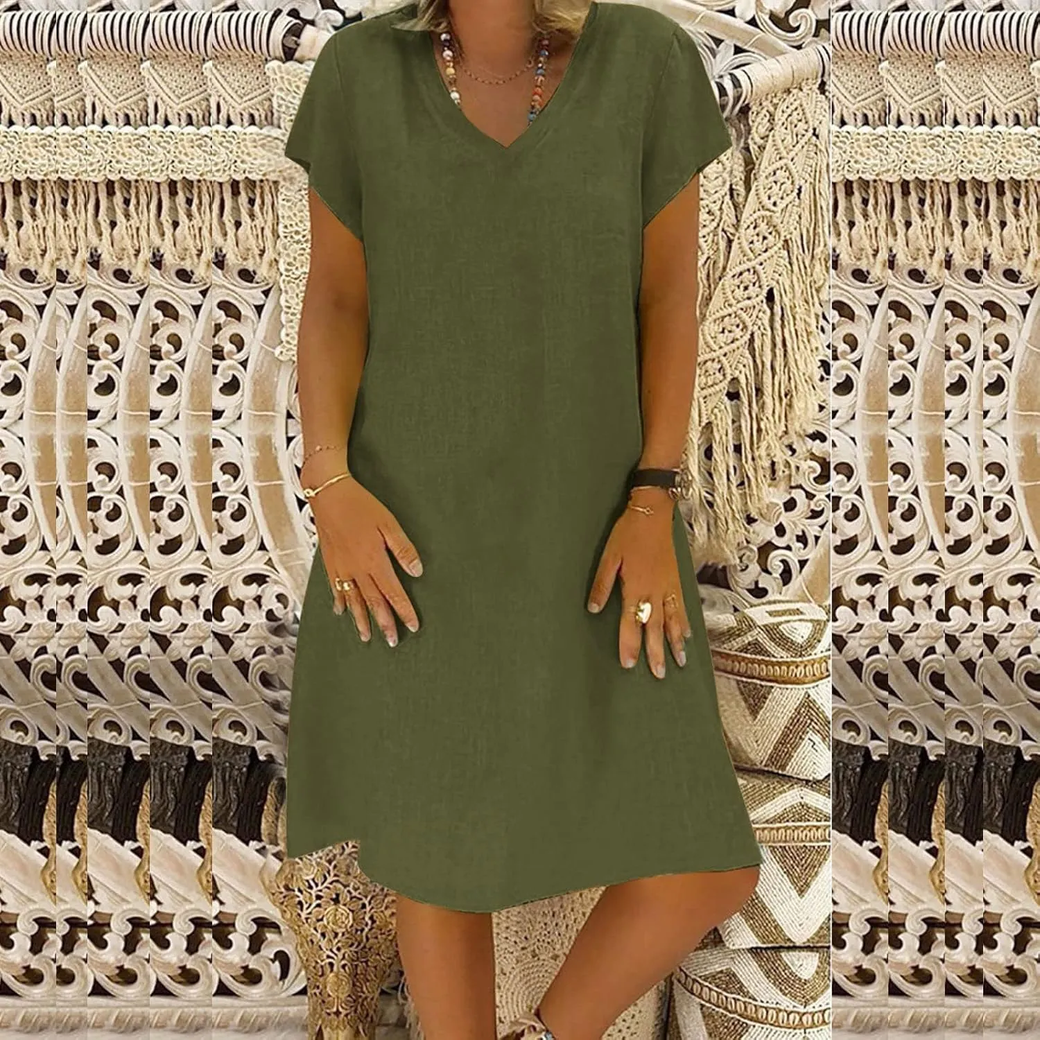 Womens Summer Cotton Linen Dresses Casual V Neck Short Sleeve Midi Dress Solid Color Shirt Dress Plus Size Boho Sundress