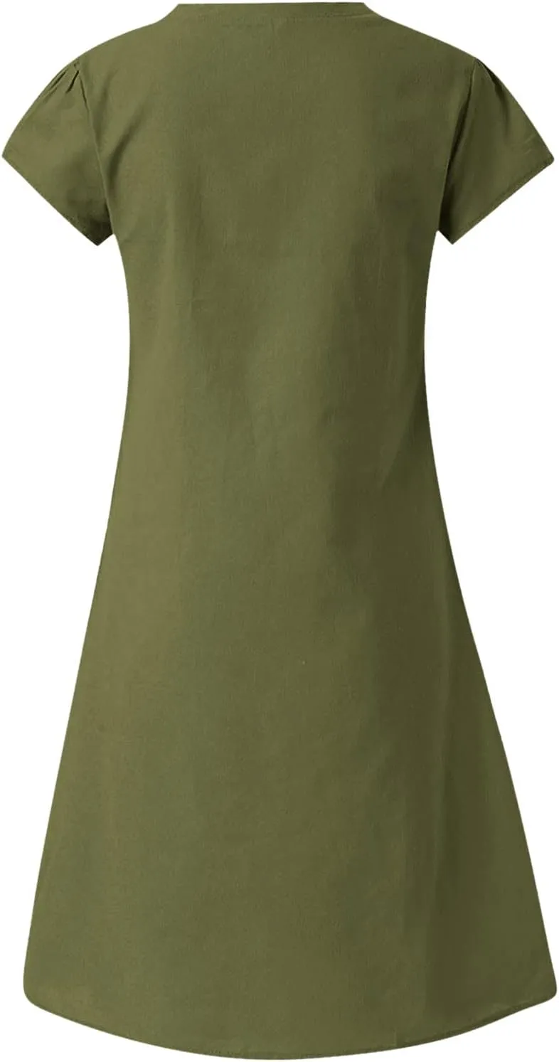 Womens Summer Cotton Linen Dresses Casual V Neck Short Sleeve Midi Dress Solid Color Shirt Dress Plus Size Boho Sundress