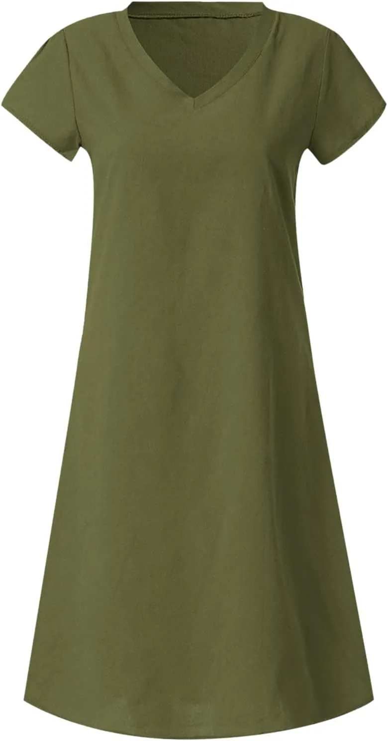 Womens Summer Cotton Linen Dresses Casual V Neck Short Sleeve Midi Dress Solid Color Shirt Dress Plus Size Boho Sundress