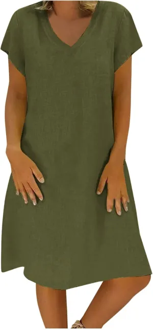 Womens Summer Cotton Linen Dresses Casual V Neck Short Sleeve Midi Dress Solid Color Shirt Dress Plus Size Boho Sundress