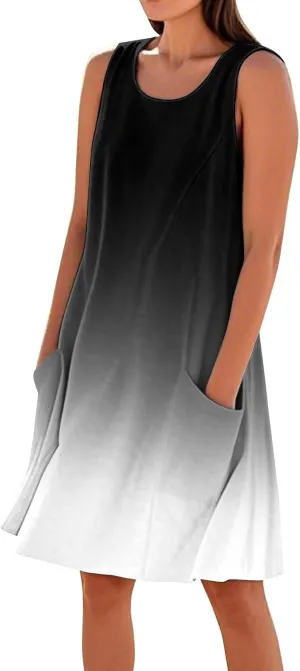 Women's Summer Dresses 2025 Vacation Cotton Round Neck Sleeveless Basic Solid Tank Midi Sundresses, S-3XL