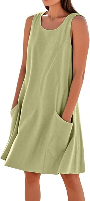 Women's Summer Dresses 2025 Vacation Cotton Round Neck Sleeveless Basic Solid Tank Midi Sundresses, S-3XL