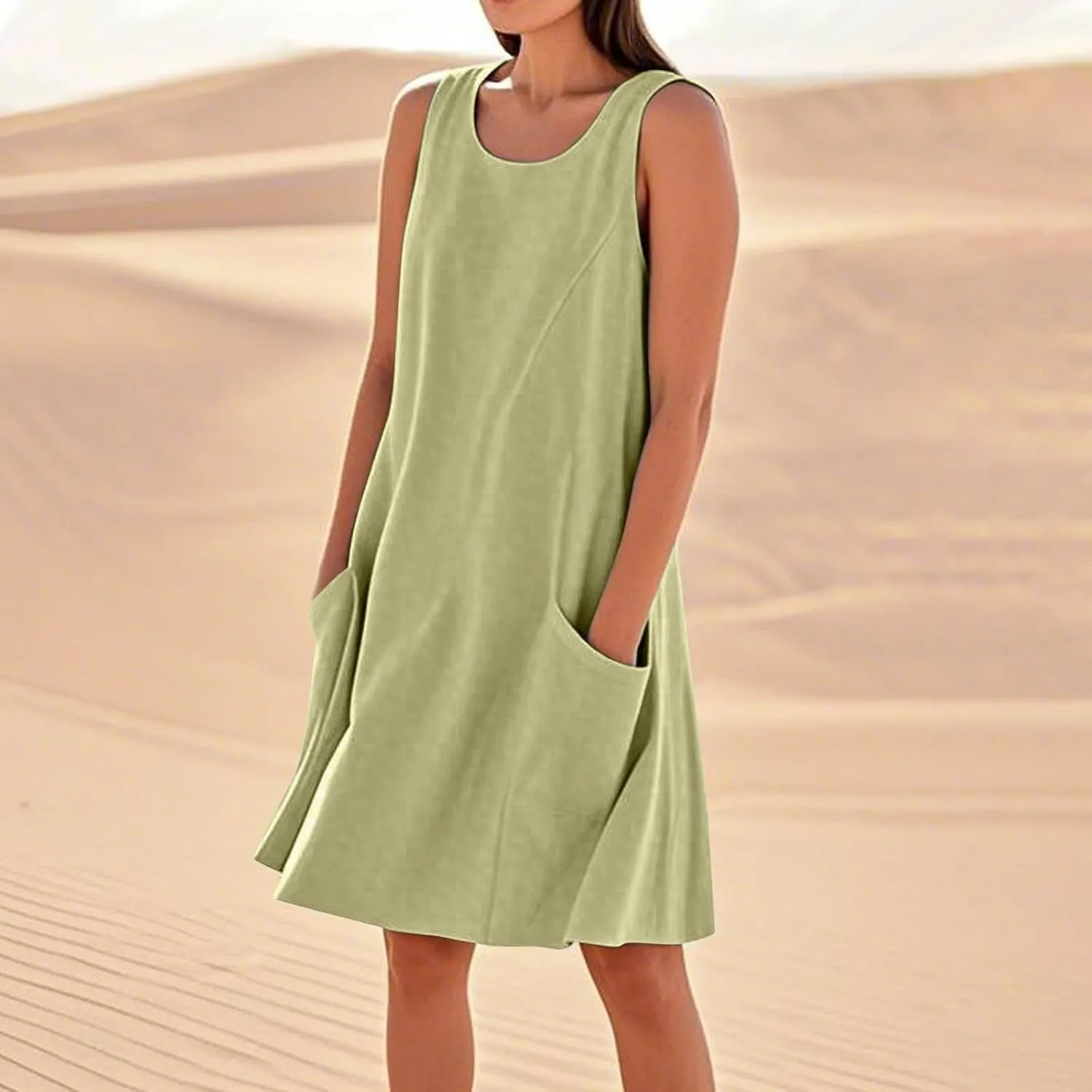 Women's Summer Dresses 2025 Vacation Cotton Round Neck Sleeveless Basic Solid Tank Midi Sundresses, S-3XL