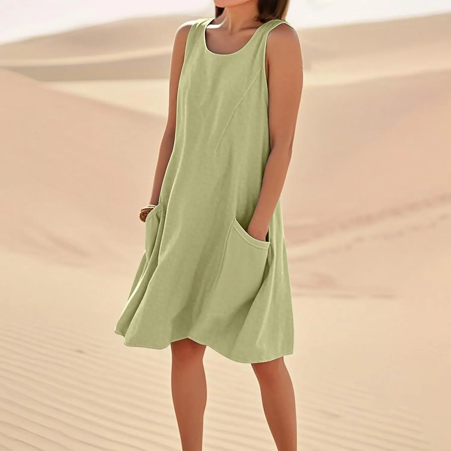 Women's Summer Dresses 2025 Vacation Cotton Round Neck Sleeveless Basic Solid Tank Midi Sundresses, S-3XL
