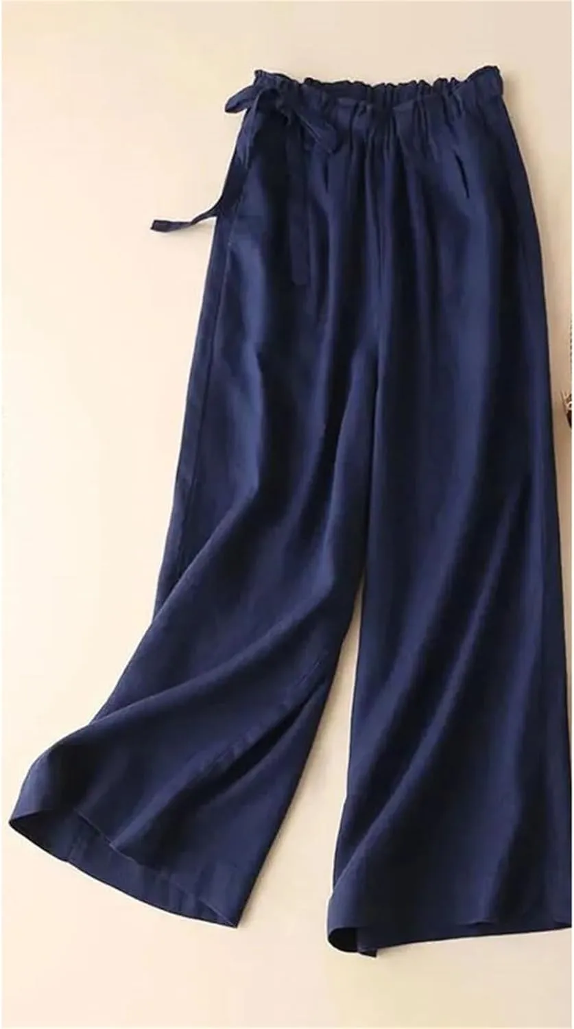 Women's Summer Elastic Waist Cotton Linen Pants  Casual Straight Leg Ankle-Length Trousers for Women