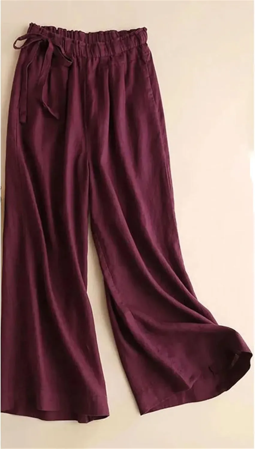 Women's Summer Elastic Waist Cotton Linen Pants  Casual Straight Leg Ankle-Length Trousers for Women