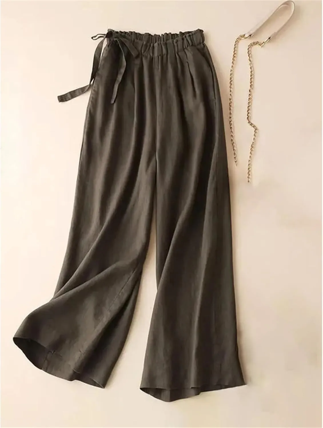 Women's Summer Elastic Waist Cotton Linen Pants  Casual Straight Leg Ankle-Length Trousers for Women