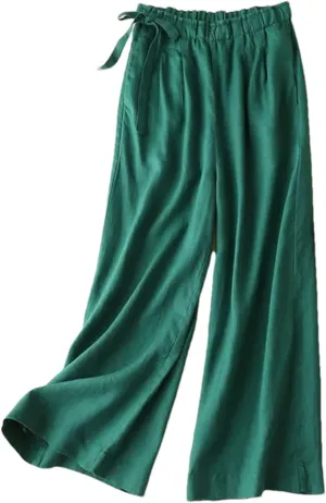 Women's Summer Elastic Waist Cotton Linen Pants  Casual Straight Leg Ankle-Length Trousers for Women