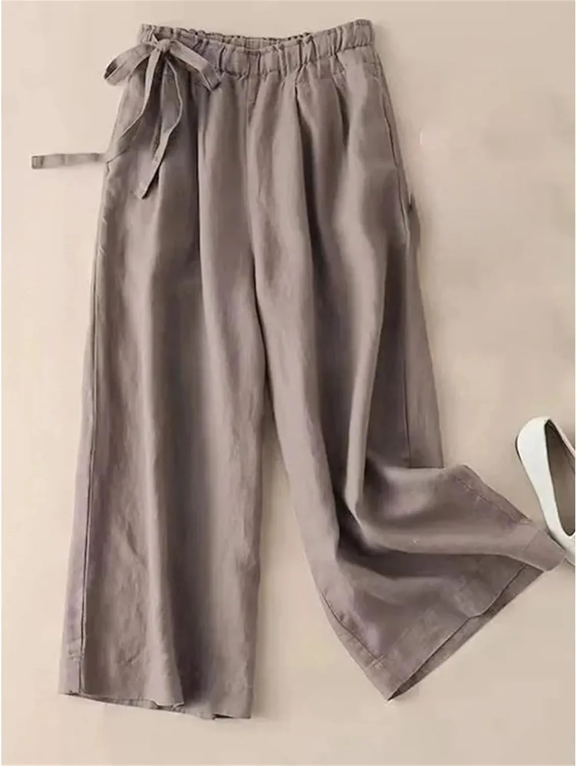Women's Summer Elastic Waist Cotton Linen Pants  Casual Straight Leg Ankle-Length Trousers for Women