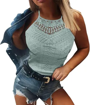 Women's Summer Halter Spaghetti Strap Flowy Tank Tops Sleeveless Shirts Blouses Lace Cami Camisole