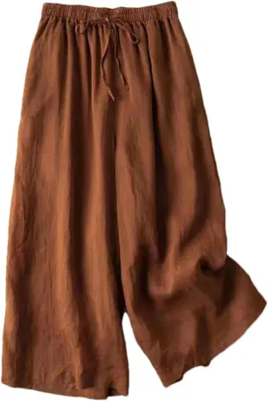 Women's Summer High Waist Cotton Linen Wide-Leg Pants  Thin Calf-Length Casual Straight Trousers with Drawstring