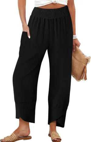 Women's Summer High Waisted Baggy Pants Wide Leg Linen Pants Casual Ankle Length Trouser Slacks with Pockets