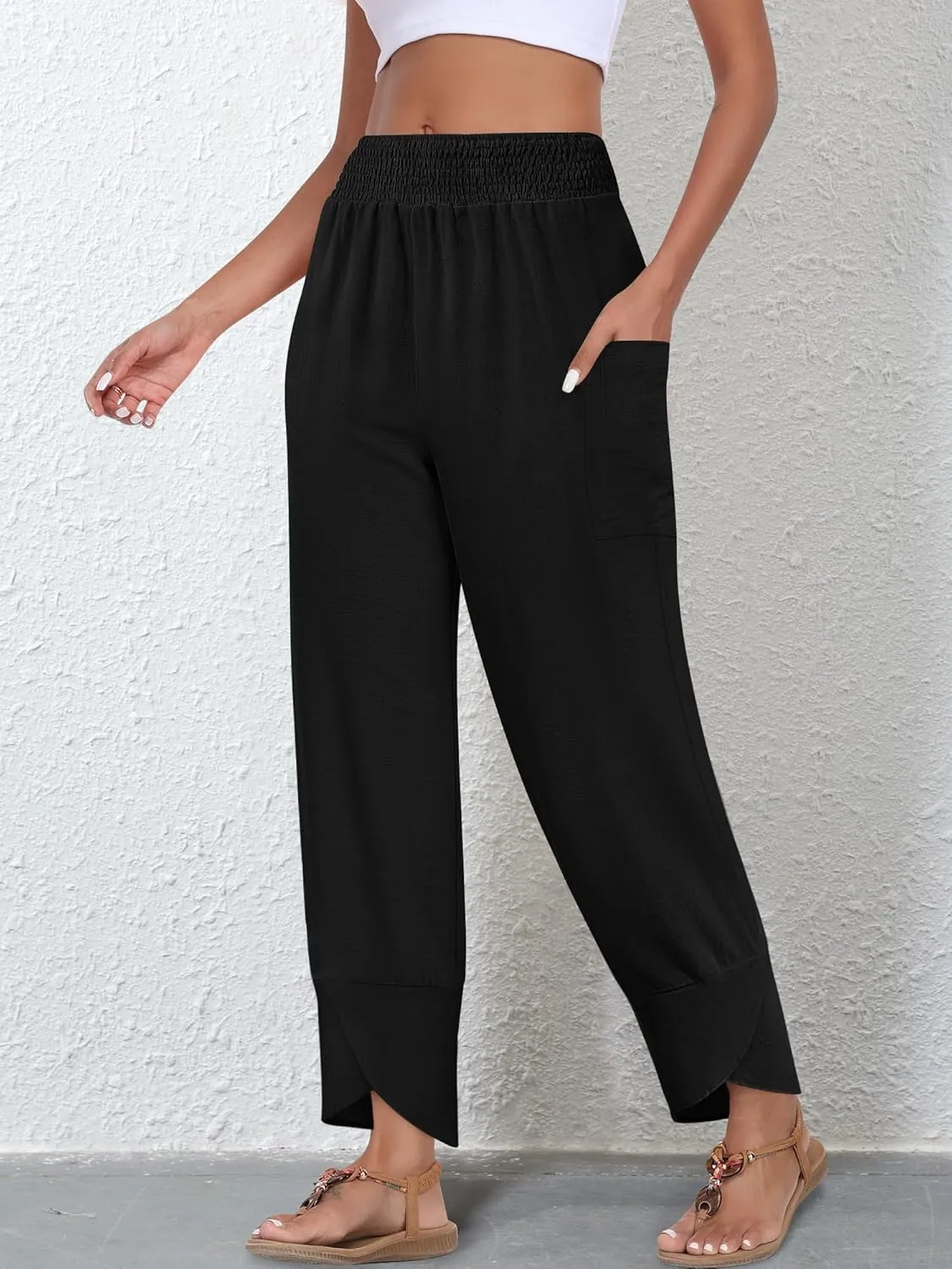 Women's Summer High Waisted Baggy Pants Wide Leg Linen Pants Casual Ankle Length Trouser Slacks with Pockets