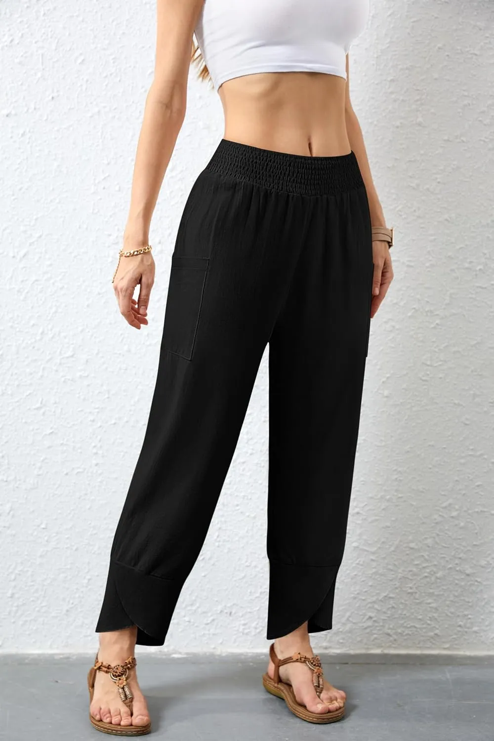 Women's Summer High Waisted Baggy Pants Wide Leg Linen Pants Casual Ankle Length Trouser Slacks with Pockets