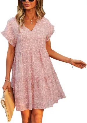 Women's Summer Loose Chiffon Dresses 2025 Beach Casual Ruffle Short Sleeve V Neck Floral Print Flowy Mini Dress