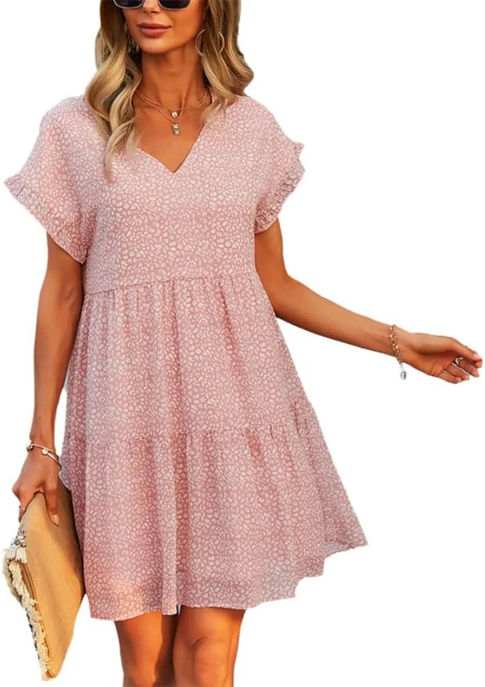 Women's Summer Loose Chiffon Dresses 2025 Beach Casual Ruffle Short Sleeve V Neck Floral Print Flowy Mini Dress