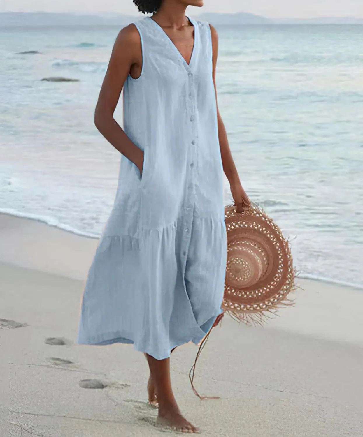 Women's Summer Sleeveless Button Down Midi Tank Dress V-Neck Tiered Tunic Beach Sundress