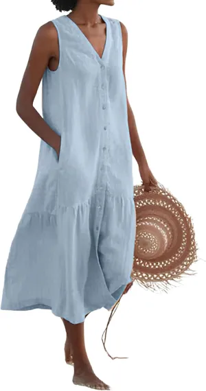 Women's Summer Sleeveless Button Down Midi Tank Dress V-Neck Tiered Tunic Beach Sundress