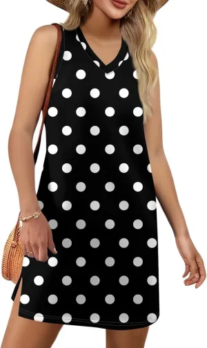 Women's Sun Dresses 2025 Vacation Polka Dot V Neck Sleeveless Tank Sundresses Beach, S-3XL