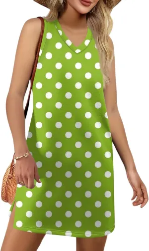 Women's Sun Dresses 2025 Vacation Polka Dot V Neck Sleeveless Tank Sundresses Beach, S-3XL