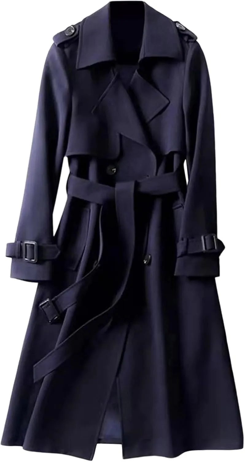Womens Trench Coat Long Double Breasted Jacket Classic Elegant Windproof Lapel Overcoat with Belt Fall Winter Outwear