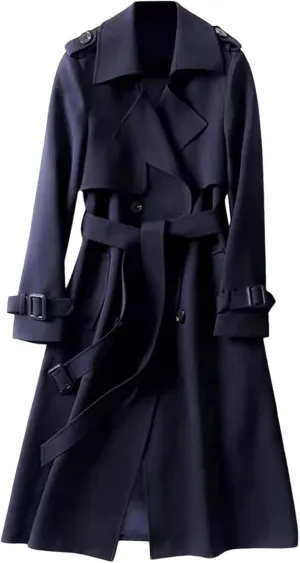 Womens Trench Coat Long Double Breasted Jacket Classic Elegant Windproof Lapel Overcoat with Belt Fall Winter Outwear