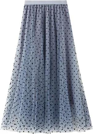 Women's Tulle A-Line Maxi Skirt, Elastic High Waist Layered Skirt Floral Print Mesh Midi Skirt