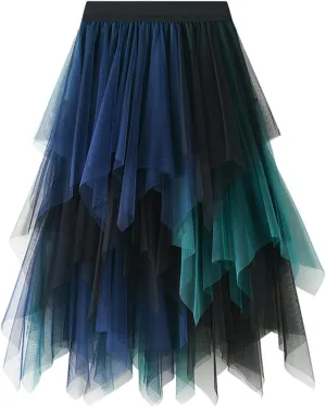 Women's Tulle Skirt Mesh Pleated Skirt Elastic High Waist Layered A-Line Swing Skirt Ladies Fashion Pleated Midi Skirt