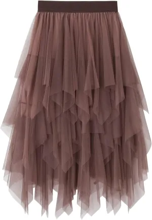 Women's Tulle Skirt Mesh Pleated Skirt Elastic High Waist Layered A-Line Swing Skirt Ladies Fashion Pleated Midi Skirt