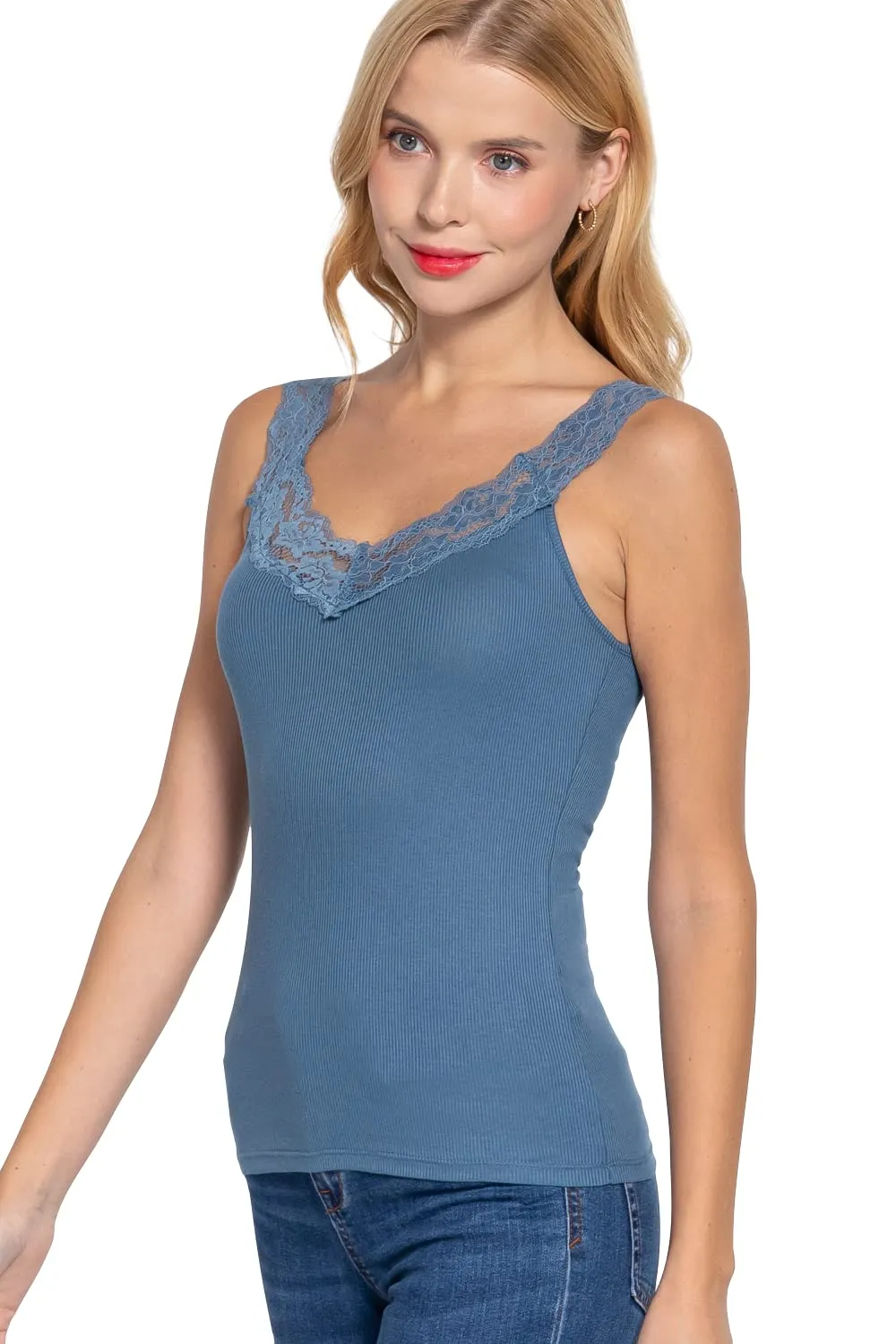 Womens- V Neck Lace Trimmed Cami Rib Knit Tank Top