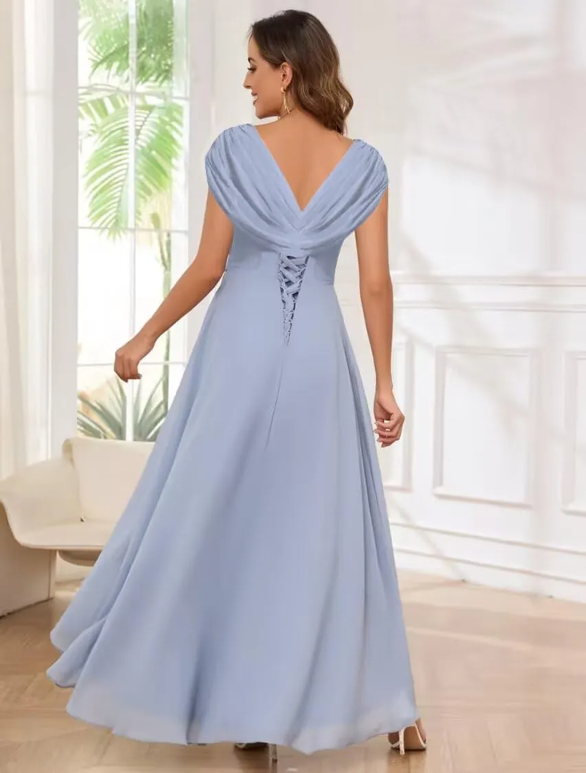Women's V Neck Mother of The Bride Dresses Long Cap Sleeve Chiffon Pleated Formal Evening Gown