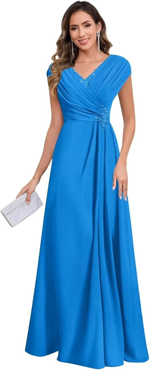 Women's V Neck Mother of The Bride Dresses Long Cap Sleeve Chiffon Pleated Formal Evening Gown