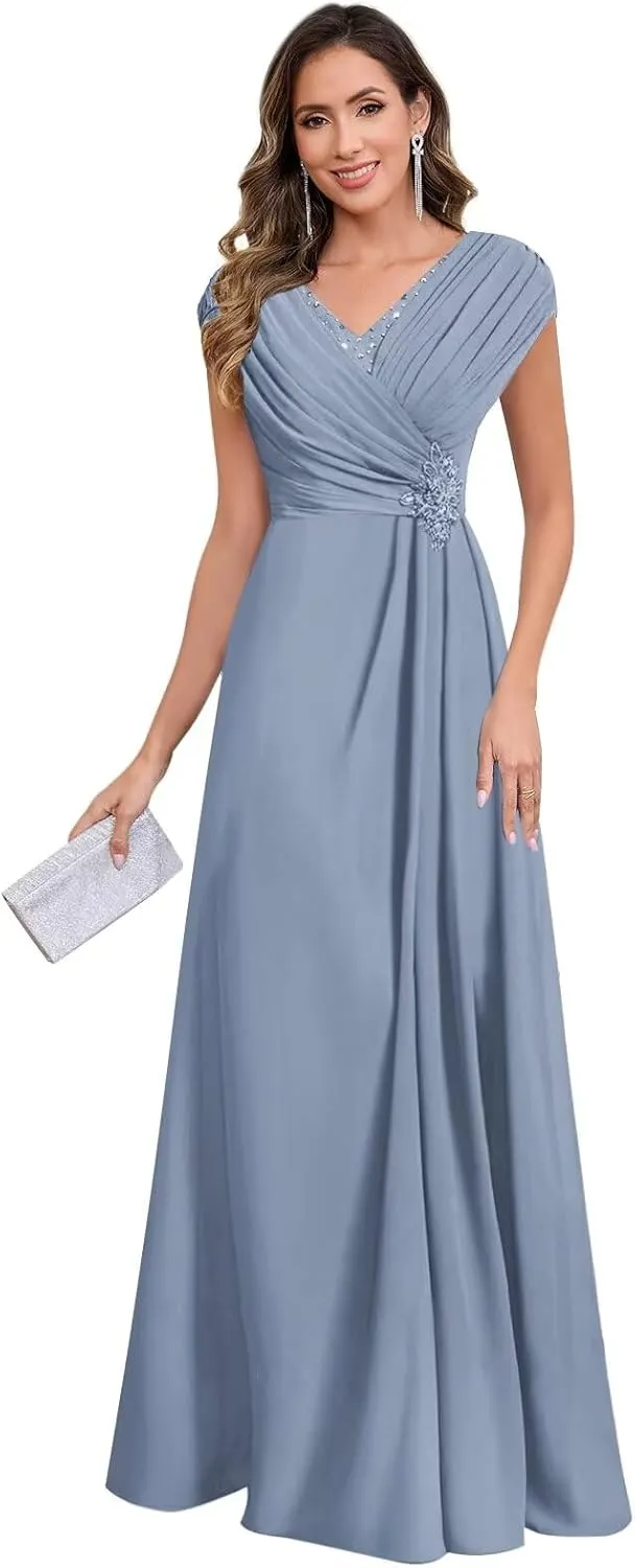 Women's V Neck Mother of The Bride Dresses Long Cap Sleeve Chiffon Pleated Formal Evening Gown
